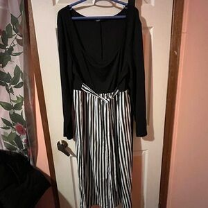 Black, Green and White Striped Dress with slit and tie up waist